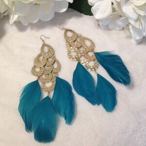 Gold Tone Statement Cascading Teardrop Plates and Turquoise Feather Earr…